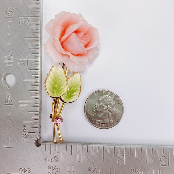 Austria Mid Century Pink Celluloid Rose Brooch Gold Tone Enamel Leaves READ - Picture 11 of 15